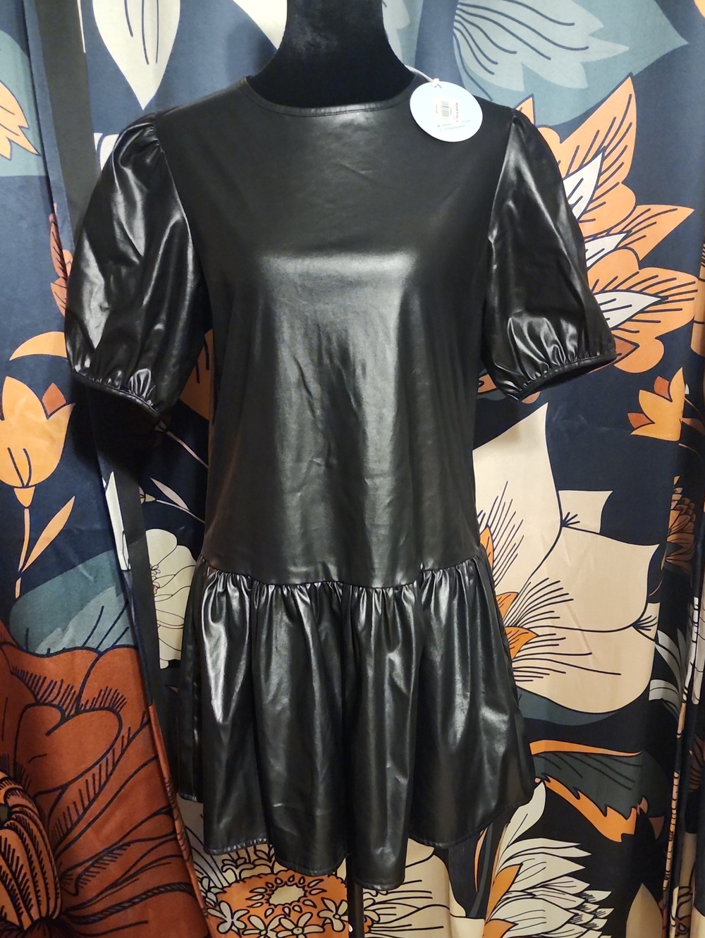 Puff-Sleeve Faux Leather Mini Dress in Black